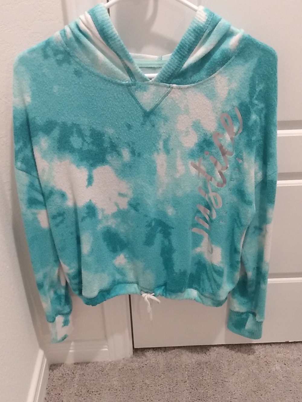 Justice Teal and White Tie-Dye Hoodie with Drawstring Hem